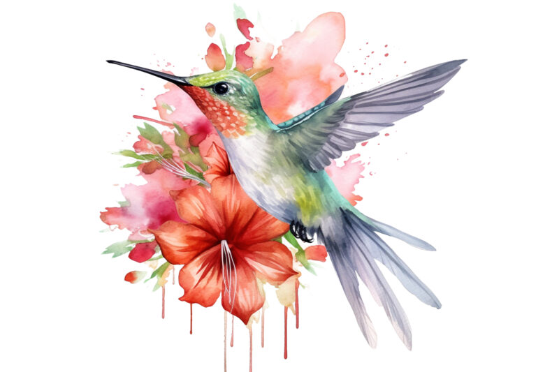 Hummingbird Flower Watercolor Clipart