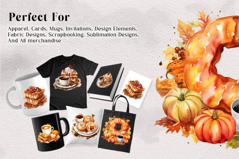 Fall Breakfast Clipart PNG Bundle, Food and Drink Watercolor Collection