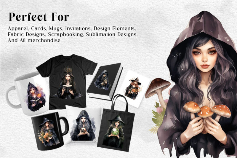 Halloween Gothic Witch Girls PNG Watercolor Clipart Bundle, Mystic Magical Girls Sublimation Designs, Halloween Witch T-shirt Designs PNG