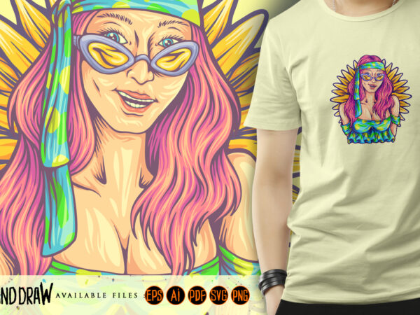 Joyful hippie girl flower power bohemian style vector clipart