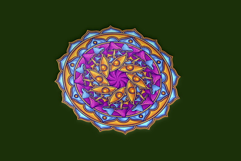 Vibrant magic psychedelic mushroom mandala ornament