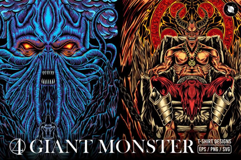 Halloween Giant Monsters Dark Art T-shirt Designs Vector, Creepy Illustration T shirt Artwork