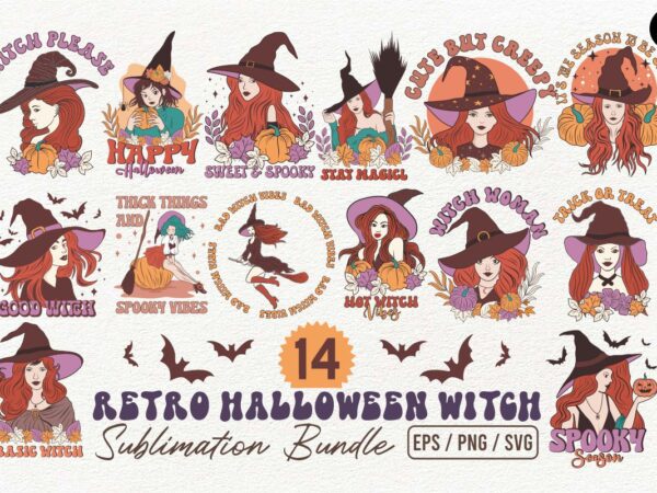 Retro halloween witch sublimation t-shirt designs bundle