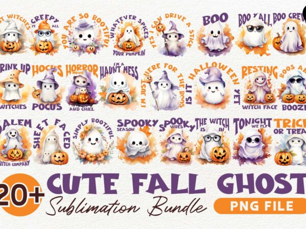 Cute fall halloween ghost sublimation designs bundle, halloween t-shirt designs sublimation watercolor bundle, cute ghost png collection