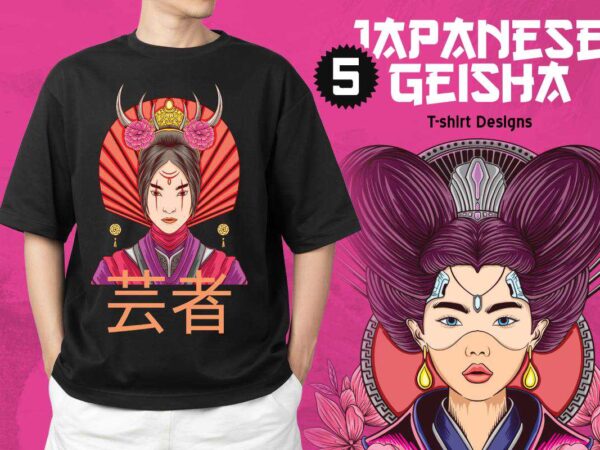Japanese geisha streetwear vector t-shirt designs bundle, japan culture t-shirt design for commercial use, t-shirt designs for pod