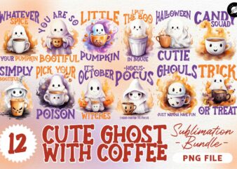 Cute Ghost with Coffee Halloween Designs Sublimation Bundle, Cute Halloween T-shirt Designs
