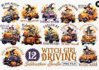 Witch Girl Driving Sublimation Designs PNG Bundle, Girl Driving Car T-shirt Designs