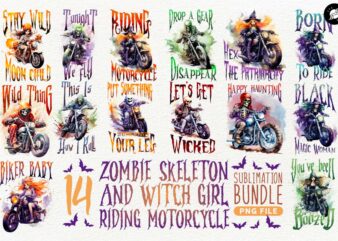 Zombie Skeleton and Witch Girl Riding Motorcycle Sublimation