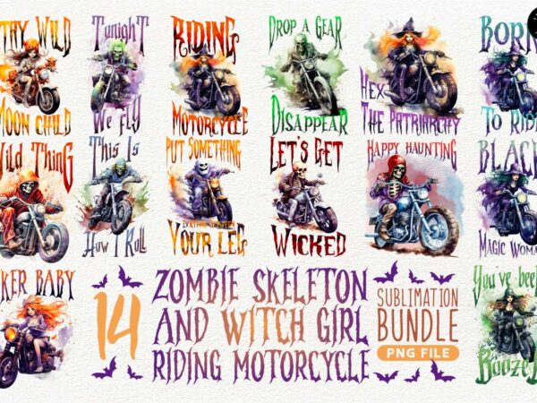Zombie skeleton and witch girl riding motorcycle sublimation t shirt graphic design