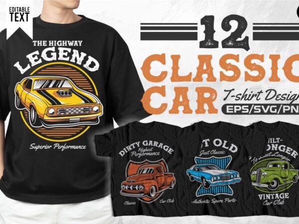 Classic car vector t-shirt designs bundle, vintage old car graphic t-shirt for apparel