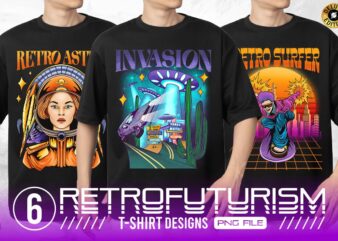 Retrofuturism T-shirt Designs Bundle, Syntwave Futuristic T-shirt Design Pack