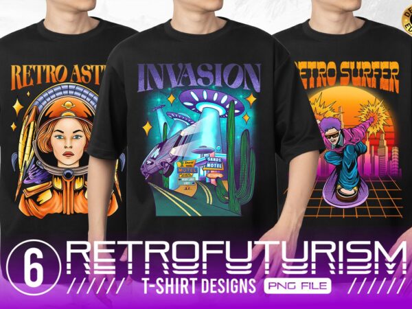Retrofuturism t-shirt designs bundle, syntwave futuristic t-shirt design pack