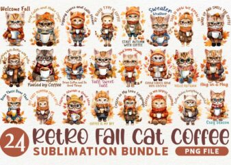 Retro Fall Cat Coffee PNG Sublimation Bundle, Cute Fall Animals Character for Merchandise, T-shirt designs for pod, commercial t shirt designs