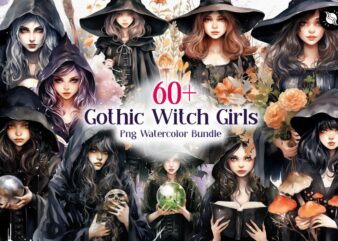 Halloween Gothic Witch Girls PNG Watercolor Clipart Bundle, Mystic Magical Girls Sublimation Designs, Halloween Witch T-shirt Designs PNG