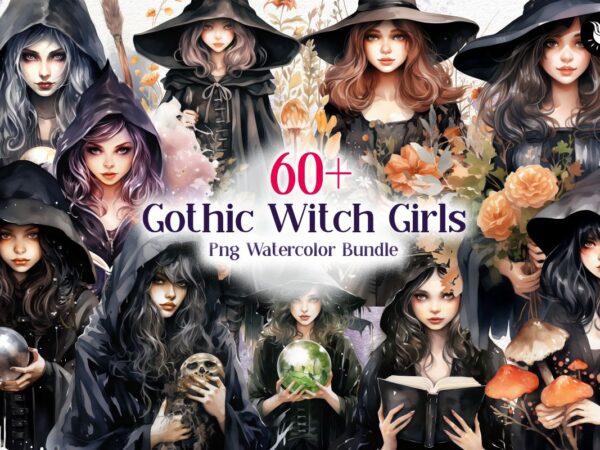 Halloween gothic witch girls png watercolor clipart bundle, mystic magical girls sublimation designs, halloween witch t-shirt designs png