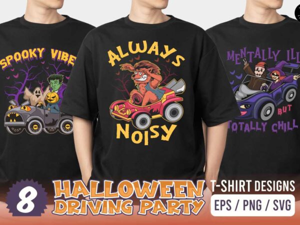 Horror halloween driving party vector t-shirt designs bundle, halloween haunting night designs pack