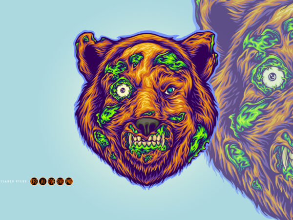 Nightmarish terrifying bear head zombie monster T shirt vector artwork