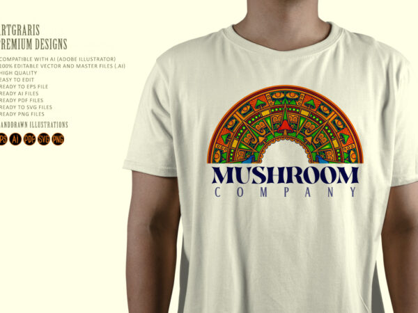 Psychedelic mandala geometry with mushrooms pattern t shirt illustration