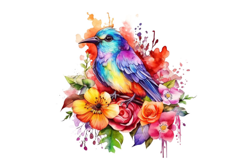 Rainbow Flower Bird Watercolor Clipart