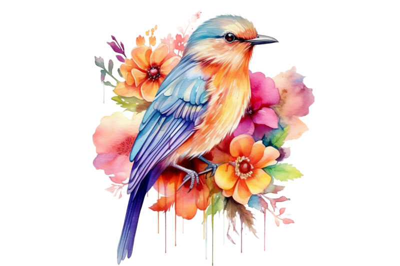 Rainbow Flower Bird Watercolor Clipart