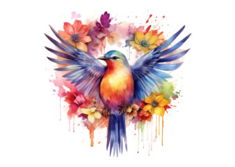 Rainbow Flower Bird Watercolor Clipart