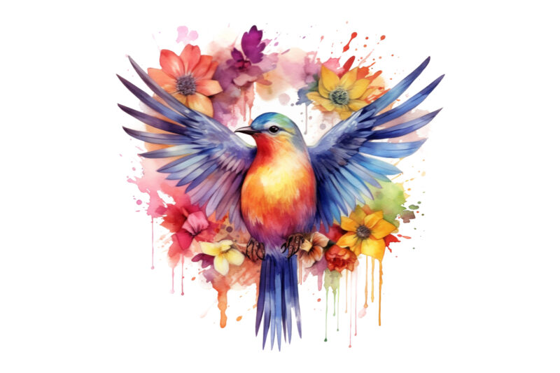 Rainbow Flower Bird Watercolor Clipart