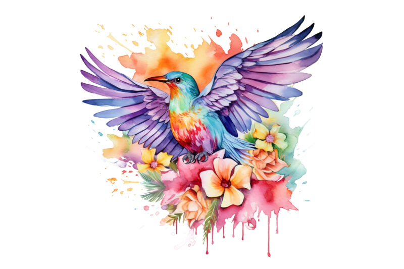 Rainbow Flower Bird Watercolor Clipart