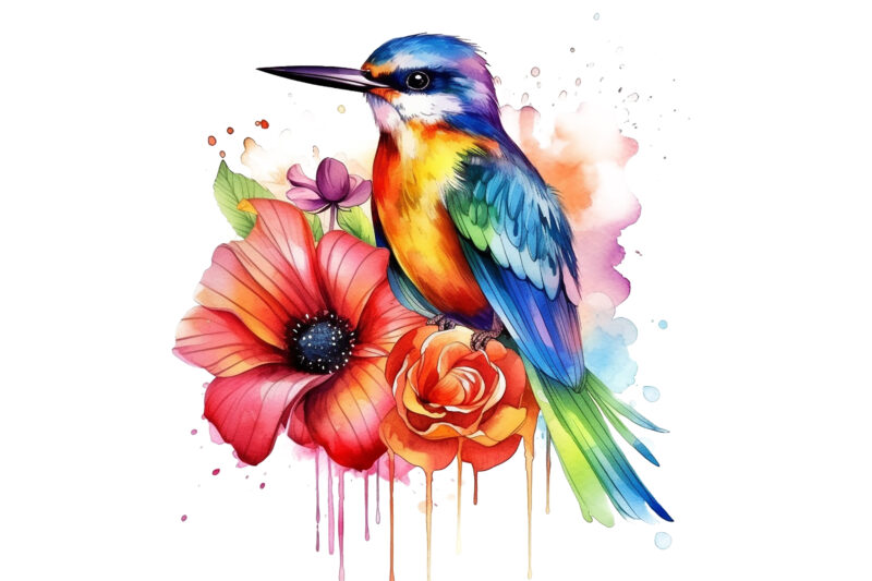 Rainbow Flower Bird Watercolor Clipart