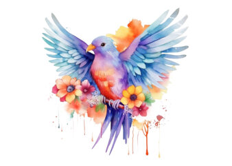 Rainbow Flowe Bird Watercolor Clipart