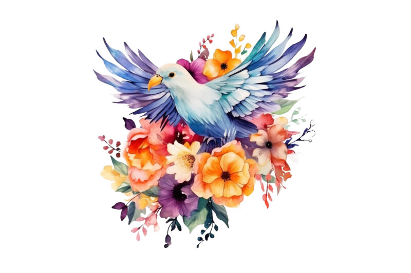 Rainbow Flowe Bird Watercolor Clipart