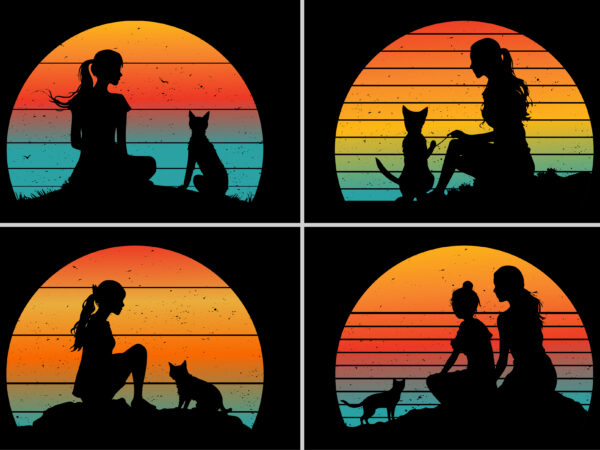 Cat lover retro vintage sunset graphic background for t-shirt design