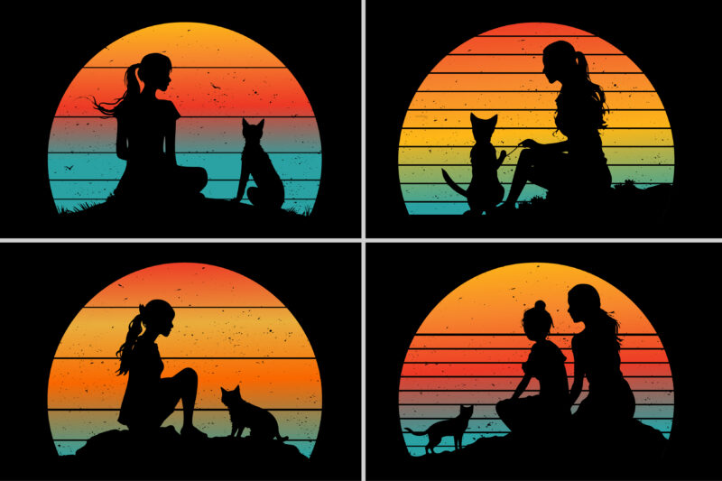 Cat Dog Retro Vintage Sunset T-Shirt Graphic