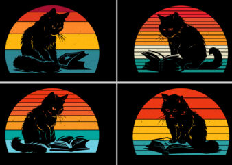Retro Vintage Sunset Cat Reading Book