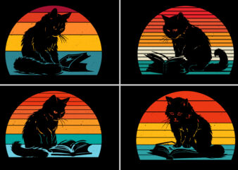 Retro Vintage Sunset Cat Reading Book t shirt design online