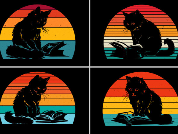 Retro vintage sunset cat reading book t shirt design online