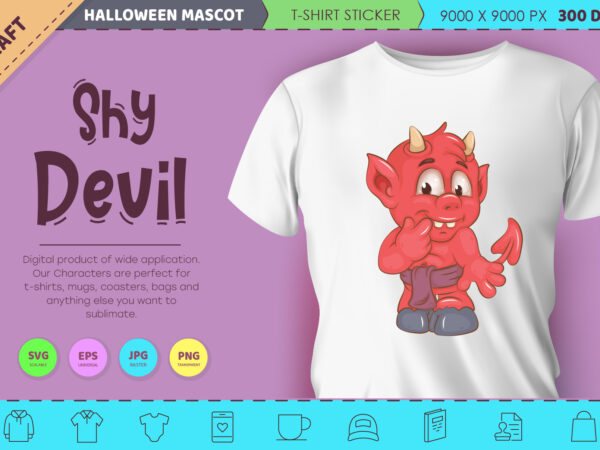 Shy little devil. halloween mascot. t shirt template vector