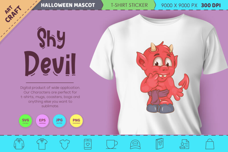 Shy little devil. Halloween mascot.