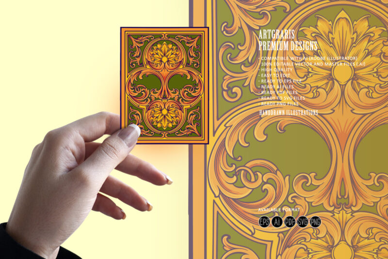 Luxurious baroque engraved floral ornament on card deck