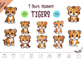 Bundle Stickers Cute tiger. Clipart. t shirt template