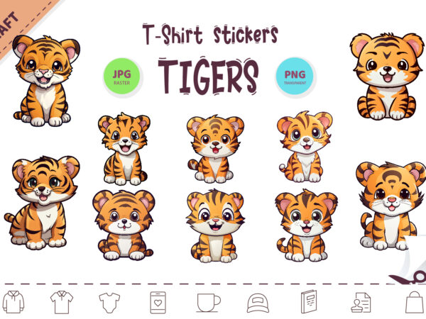 Bundle stickers cute tiger. clipart. t shirt template
