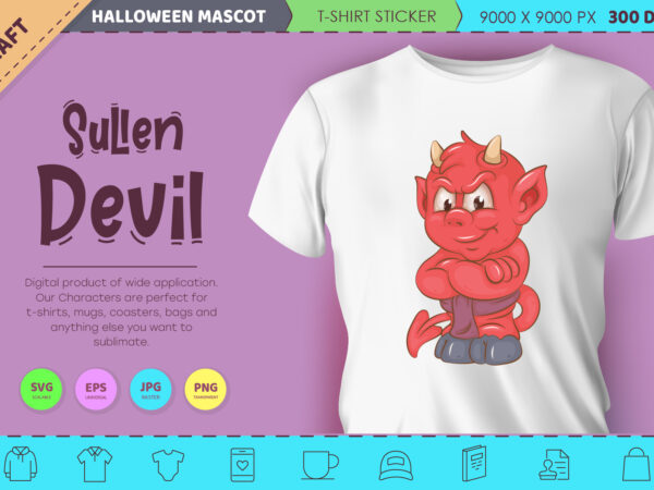 Sullen little devil. halloween mascot. t shirt template vector