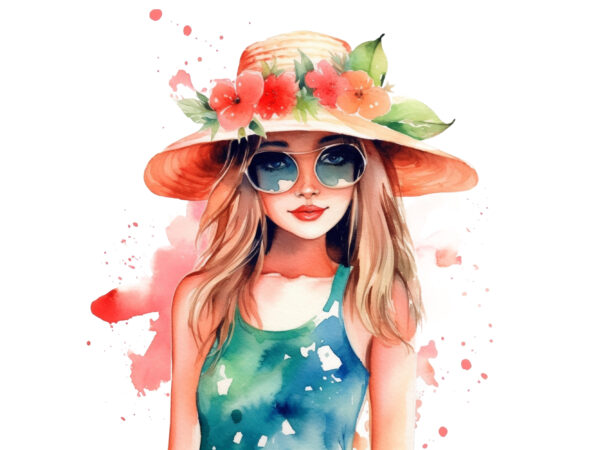 Summer girl watercolor clipart t shirt template vector