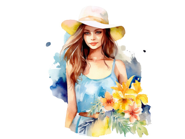 Summer girl watercolor clipart t shirt template vector