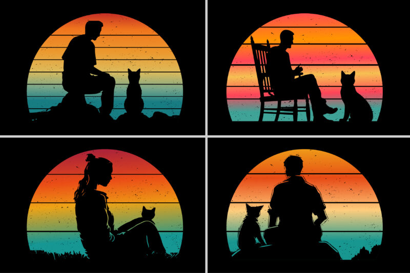 Cat Dog Retro Vintage Sunset T-Shirt Graphic