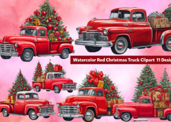 Watercolor Red Christmas Truck Clipart