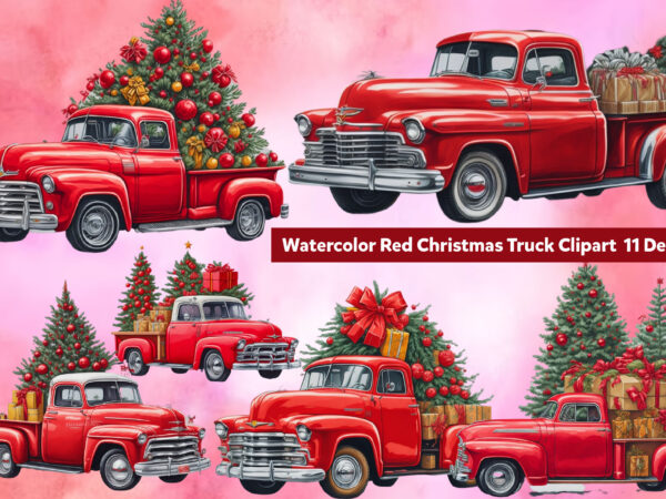 Watercolor red christmas truck clipart t shirt design for sale