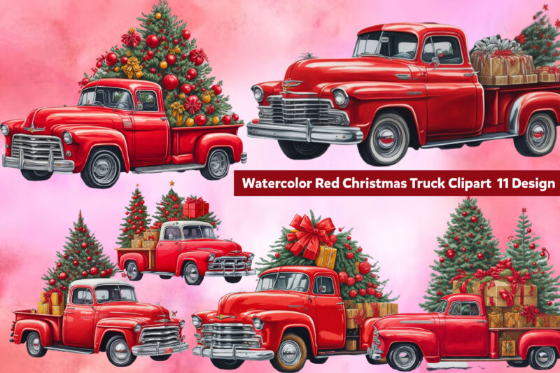 Watercolor Red Christmas Truck Clipart