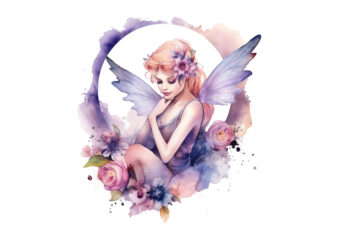 Watercolor Fairy with Flowers and the Moon Digital Clipart