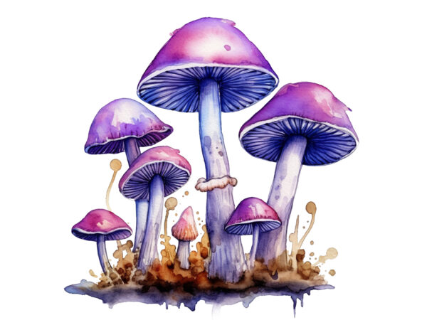 Watercolor purple magic mushrooms digital clip art t shirt design for sale