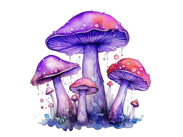 Watercolor purple magic mushrooms digital clip art t shirt design for sale